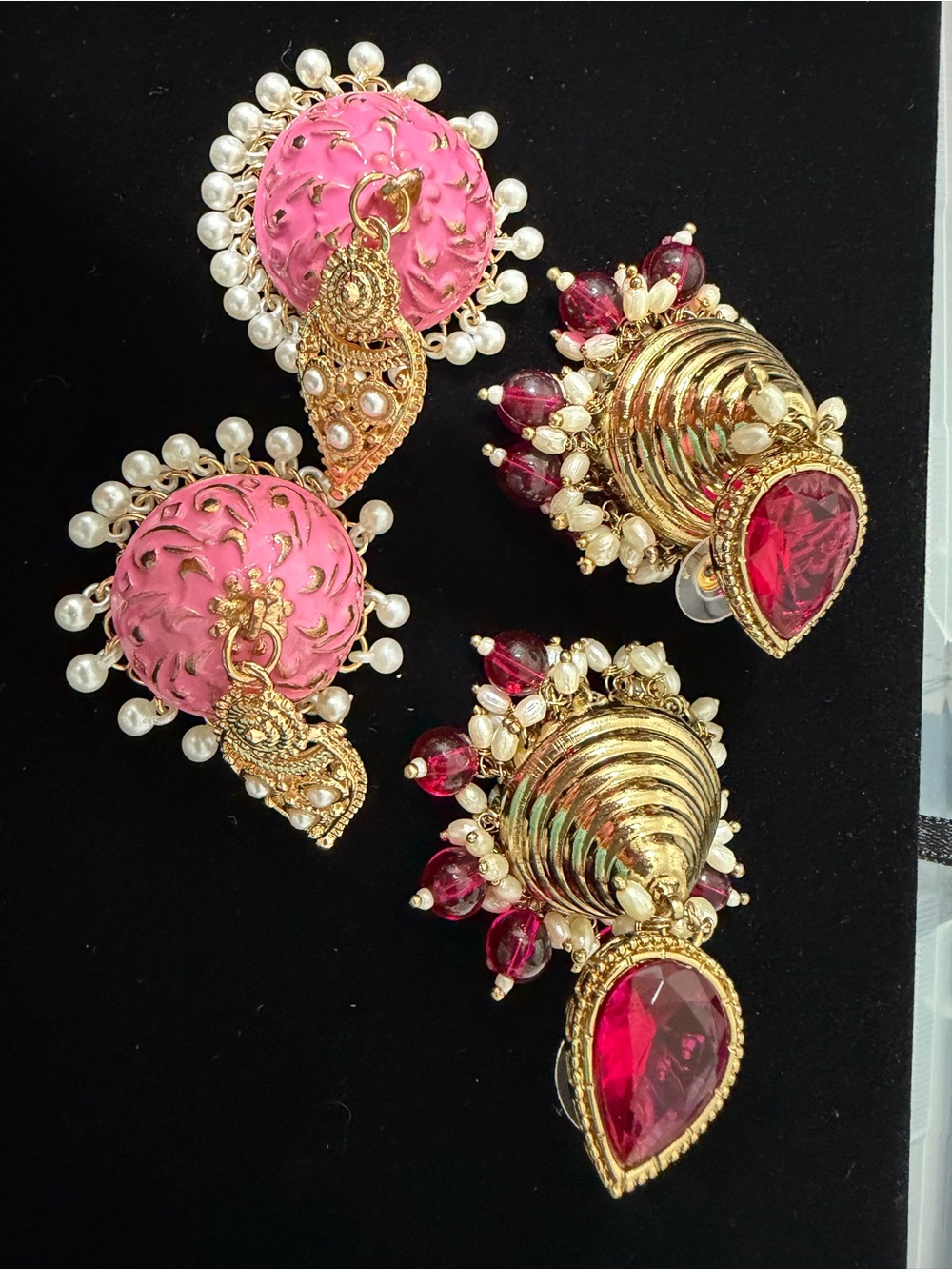 Gold-Plated Pink and Red Jhumka Earrings with Pearls - Designer Style